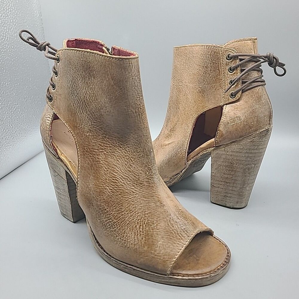 Bed Stu Tan Leather Peep-Toe Lace-Back Ankle Boots